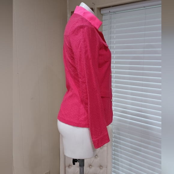 ELIE TAHARI $298 Neon Pink Embroidered Eyelet Ribbon Collar Jacket Top Size 6 - Picture 5 of 9